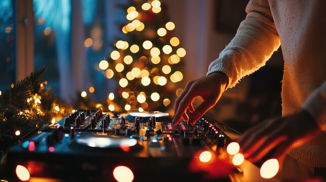 DJ mixing holiday tracks at a lively Christmas party