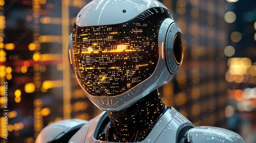 Poster futuristic humanoid robot with glowing facial features in a high-tech environment