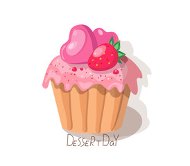 Sweet pastry, bakery, dessert, souffle. Cake and hearts. Sweets day. Hand lettering, Dessert day. Delicate cream cake. Valentine's day, wedding, festive decor. Design for cards.