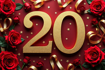 Elegant 20th anniversary celebration design with red roses, golden accents, and decorative ribbons.