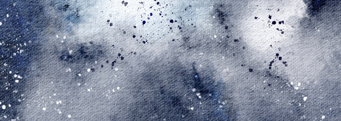 Cosmic Watercolor Texture of navy blue background. Deep indigo background with spots and rough brushstrokes. Hand painted astrological night sky background for brochures and posters.