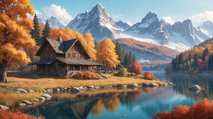 Scenic mountain lake cabin surrounded by autumn foliage