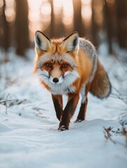 Fototapeta premium A red fox gracefully walks through a snowy forest, its fur glowing in the soft light of the setting sun. The fox embodies grace, stealth, and the beauty of nature in winter.