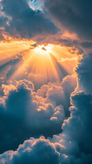 Fototapeta premium Powerful sunbeams breaking dense storm cover image