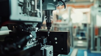 Fototapeta premium A robotic arm with a drill bit performs precision assembly work in a modern factory setting. This image showcases the advanced technology and automation used in modern manufacturing.