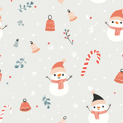Cute seamless pattern with small snowmen and candy canes