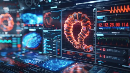 Colon testing results on digital interface in laboratory or surgical background, innovative technology in science and medicine concept. medical technology