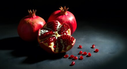 Close-Up of Whole and Cut Pomegranates with Seeds on Dark Surface