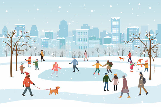 City winter park with people walking, ice skating, snow-covered trees, benches, paths and lanterns against the backdrop of the city. City park landscape winter christmas nature.