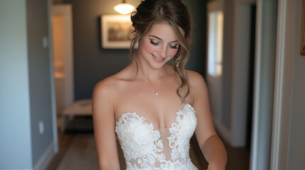 Fototapeta premium The bride's getting ready for her big day. She's in her beautiful dress and getting ready to walk down the aisle.