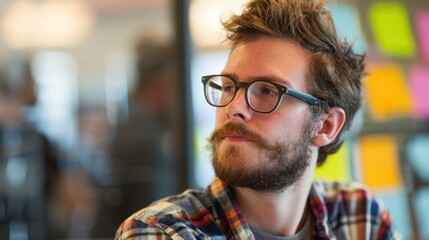 A young man with a beard and glasses looks thoughtfully off-camera in a modern office setting.