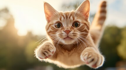 Obraz premium A playful and adorable kitten energetically leaps towards the camera, captivating viewers with its bright eyes and boundless curiosity, showcasing youthful exuberance.