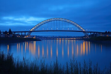 Fototapeta premium Serene blue hour view of a curved bridge illuminated by city lights reflected on the water