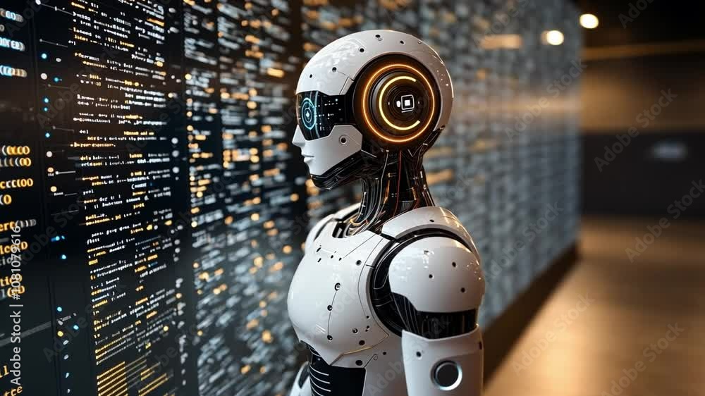 Poster a humanoid robot stands next to a digital wall displaying complex programming codes