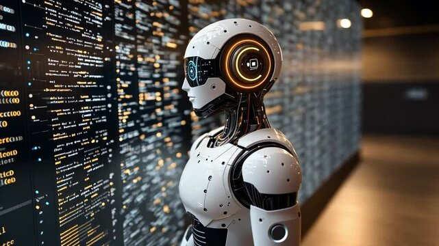 A humanoid robot stands next to a digital wall displaying complex programming codes