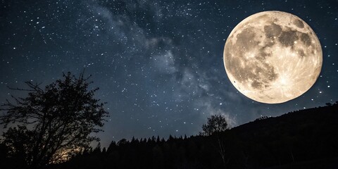The full moon shining brightly against a dark and starry sky, universe, nighttime photography, moon glow, astronomy, starry night