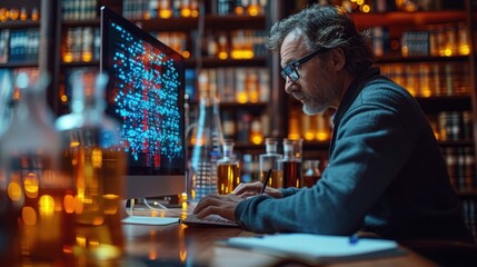 Researcher in Immunology Reviewing Immune Data with Complex Graphs on Screen