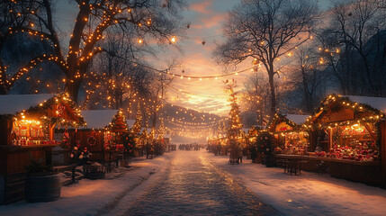 Peaceful winter holiday market with festive stalls at sunrise