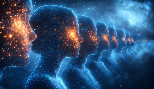 Silhouettes connected by glowing dots in a digital network