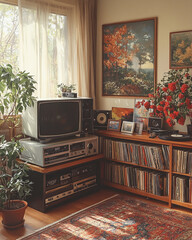 Cozy vintage living room with 1980s TV and floral wallpaper decor