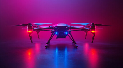 Cutting-edge drone with vibrant LED lights in a futuristic setting