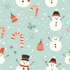 Cute seamless pattern with small snowmen and candy canes