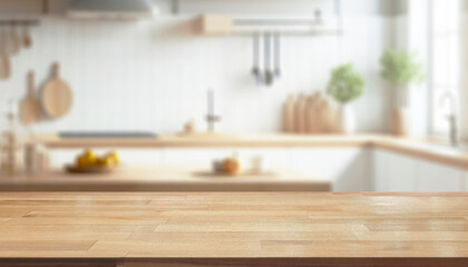 Empty table front kitchen blurred background. Modern minimal wooden counter decorated in Japanese style. Texture pattern for placing food or displaying home decoration products.