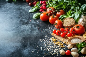 Fresh produce and grains on a dark countertop with vegetables and herbs displayed artistically