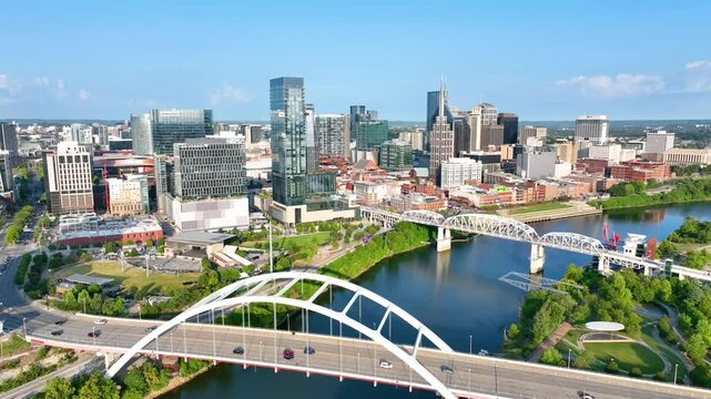 Aerial Fly Over Nashville Bridges and Skyline