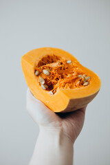 Female hand holding a cut pumpkin on a white, ingredient for a autumn fall dish.