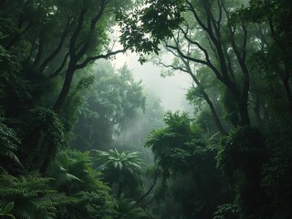 Obraz premium Thick, lush jungle canopy shrouded in mist, wildernes, greenery