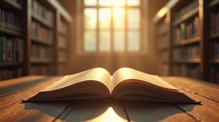 open book on a library table, with sunlight streaming through the windows, illustrating the importance of education and access to knowledge