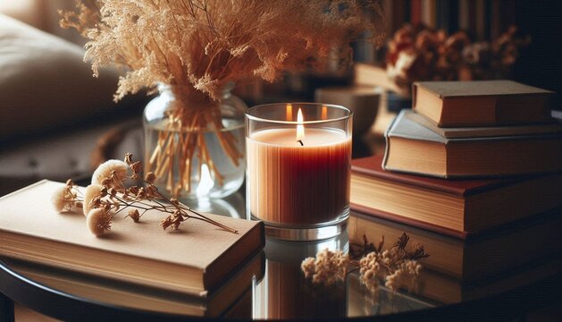 Adventliche Dekoration auf einem Tisch, zwischen B&uuml;chern und Trockenblumen steht eine brennende Kerze im Glas