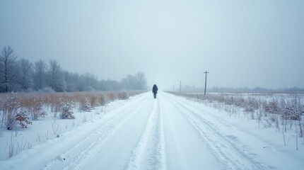Fototapeta premium A serene image of a snow-covered landscape on a cold winter day, with a solitary figure walking along a path, capturing the quiet melancholy of Blue Monday.