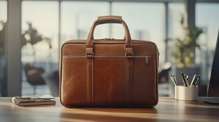 Elegant Brown Leather Briefcase on Wooden Desk in Modern Office Setting with Bright Natural Light and Contemporary Furniture Background