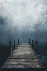 Obraz premium A wooden dock in the middle of a foggy lake