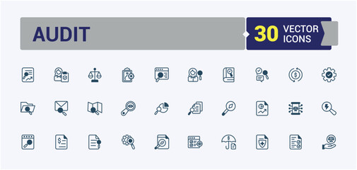 Audit thin line icon set. Featuring financial, economy, tax, asset, accountant and more. Collection for mobile and web apps. Vector outline and solid icons collection.