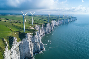 multiple wind turbines lined up along a coastal cliffside.