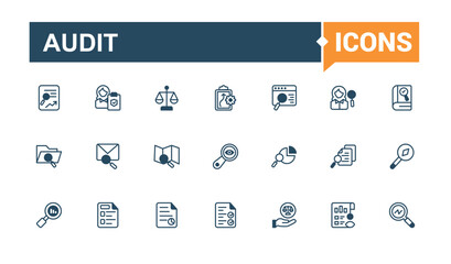 Set of Audit line icons. Featuring simple, company, tax, test, economy, set and more. Outline icon collections. Vector line and solid icons.