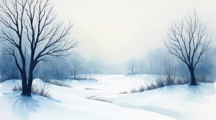 Obraz premium A watercolor painting depicting a cold winter day with bare trees and a gray sky, evoking the somber mood of Blue Monday amidst the winter landscape.