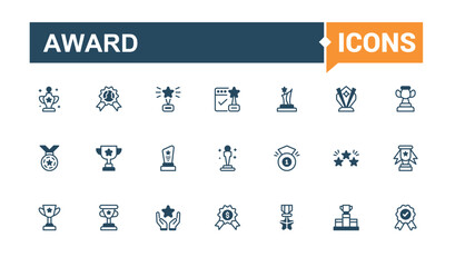 Award thin line icon set. Related to win, app, competition, top, quality, diploma and more. Simple icon designs. Solid line editable vector illustration.