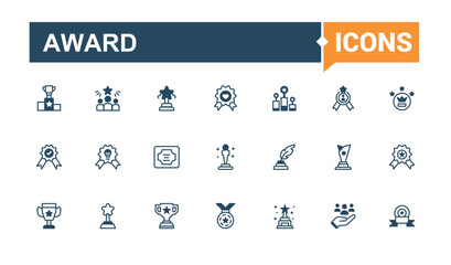 Award thin line icon set. Related to win, app, competition, top, quality, diploma and more. Simple icon designs. Solid line editable vector illustration.