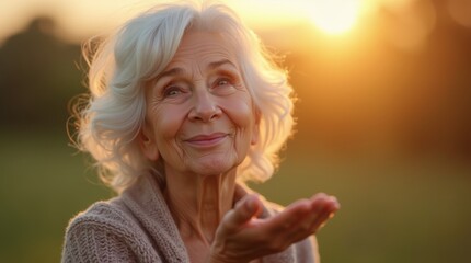 Fototapeta premium elderly woman blowing a kiss with a gentle smile, warm golden hour lighting, outdoor setting with a soft background, detailed facial features, kind and loving expression