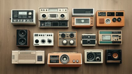Obraz premium Collection of vintage radios and cassette players arranged on a wooden surface, showcasing various designs and styles from different eras.