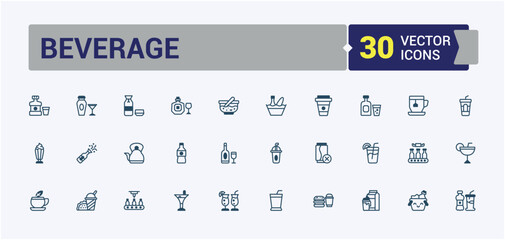 Fototapeta premium Beverage line web icon set. Includes icons for flute glass, vendors, hotels, catering, buffets, events, alcoholic, sourcing. Minimalist thin linear icon. Vector outline and solid icons collection.