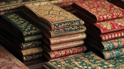 Luxurious Handcrafted Textiles with Intricate Designs in Rich Colors Featuring Gold Embroidery for Textile, Home Decor, and Fashion Enthusiasts