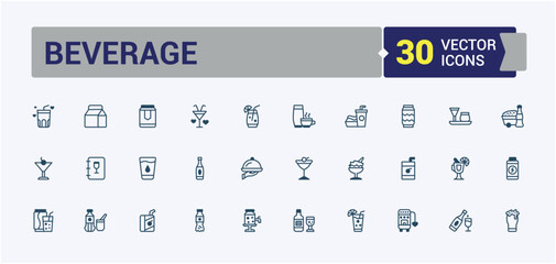 Beverage line web icon set. Includes icons for flute glass, vendors, hotels, catering, buffets, events, alcoholic, sourcing. Minimalist thin linear icon. Vector outline and solid icons collection.