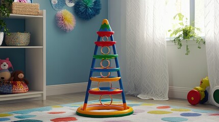 Colorful Ring Stacking Toy for Children in Cozy Playroom with Soft Rugs and Bright Wall Decor, Ideal for Early Childhood Learning and Development