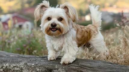  Fluffy small dog standing on a log in a rural landscape.