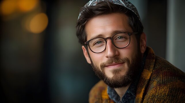 Portrait of jewish man in his 30s with a calm expression wearing kippa kippah